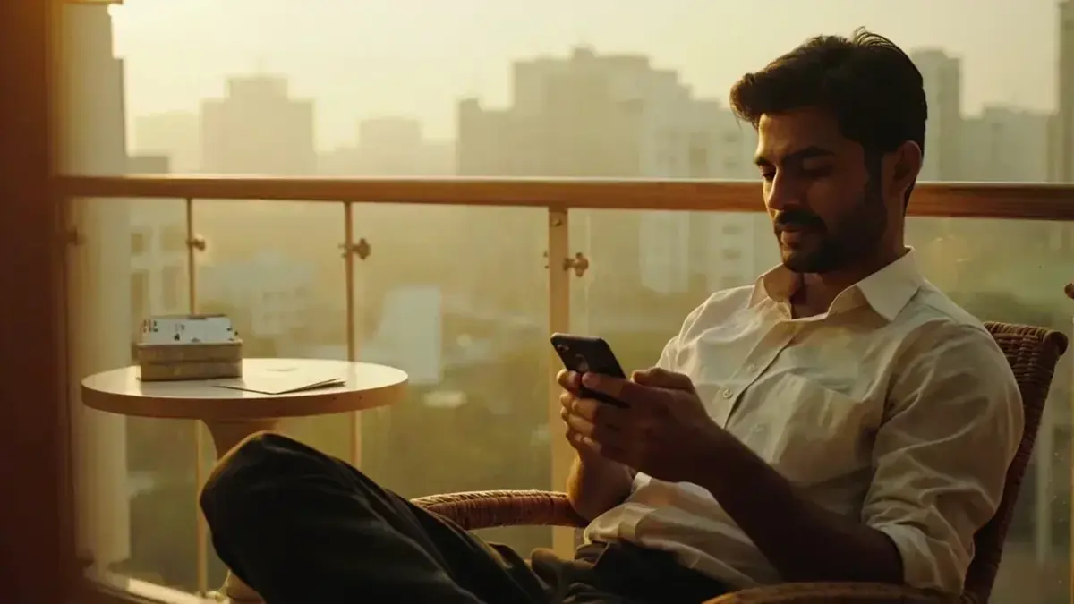 A man on a sunlit balcony using a phone with a tin of cards on the table