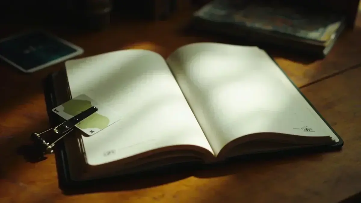 An open blank notebook with a metal bookmark and one unused playing card