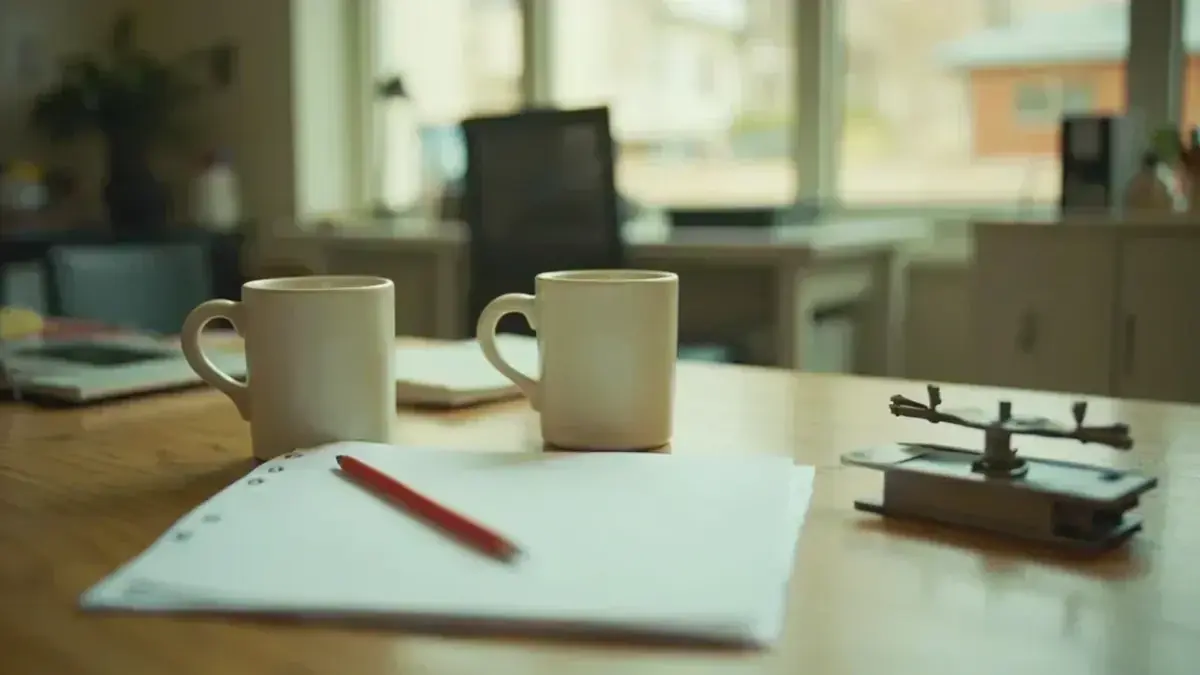 A skeptical reviewer desk with empty cups, a red pencil and a closed folder