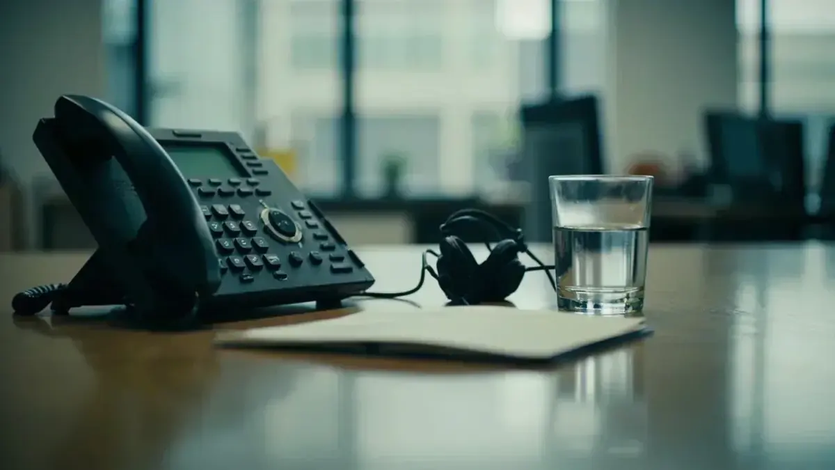 A support desk with an analog phone, closed notepad and unused headset