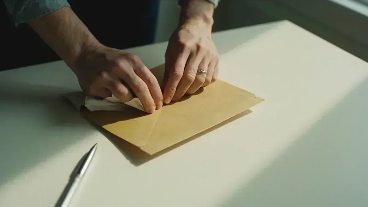 Two hands sealing a closed manila envelope at a spare white table