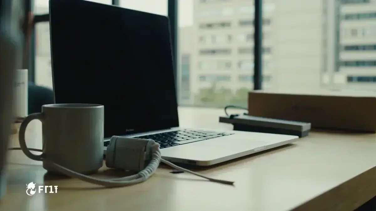 A download desk with a closed laptop, coiled cable and empty mug