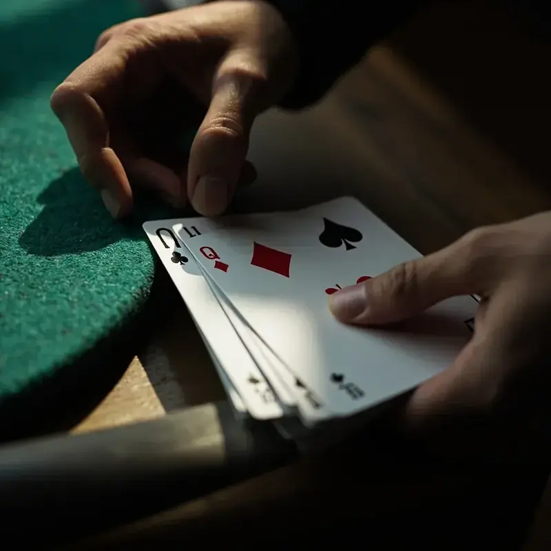 A deals stack being cut on a dark green felt board