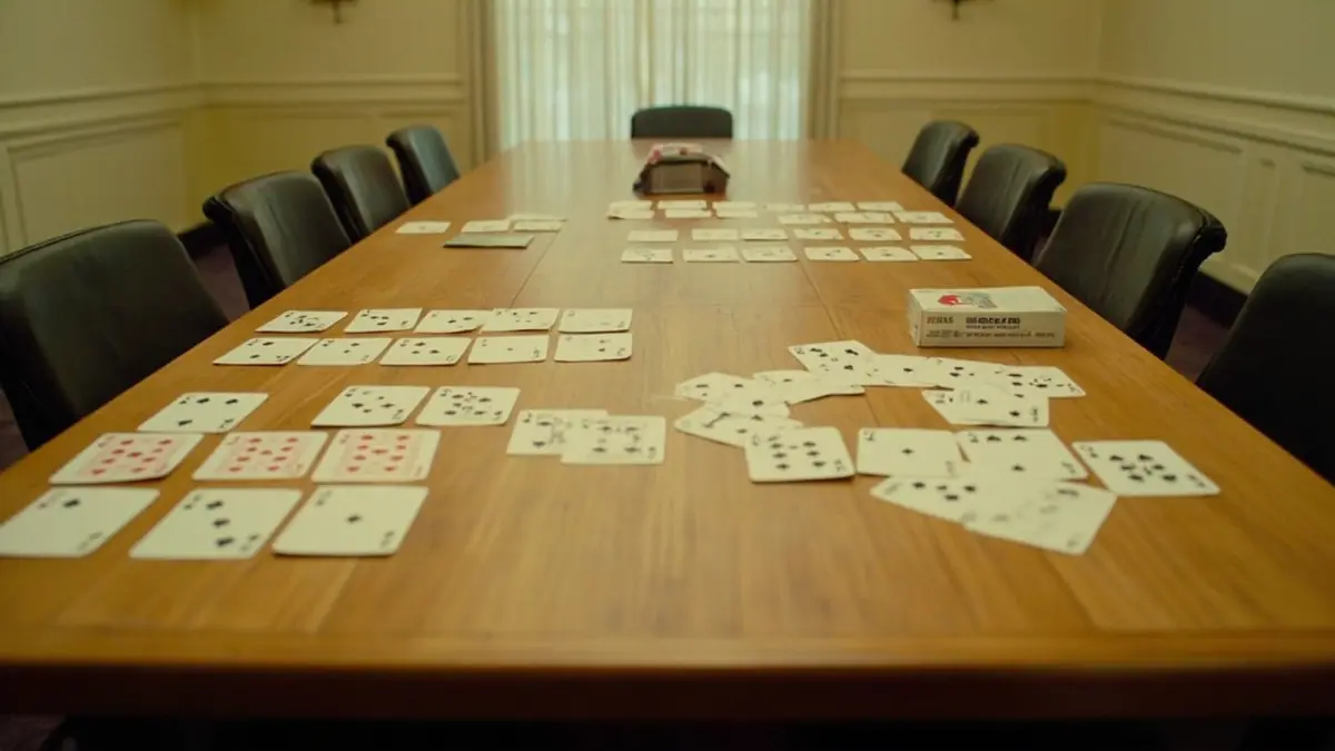Four distinct rummy layouts spread on a long teak table in daylight