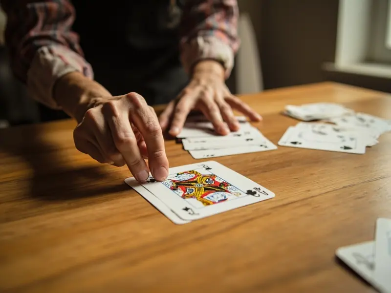 Hands arranging a points-rummy hand on a honey oak table