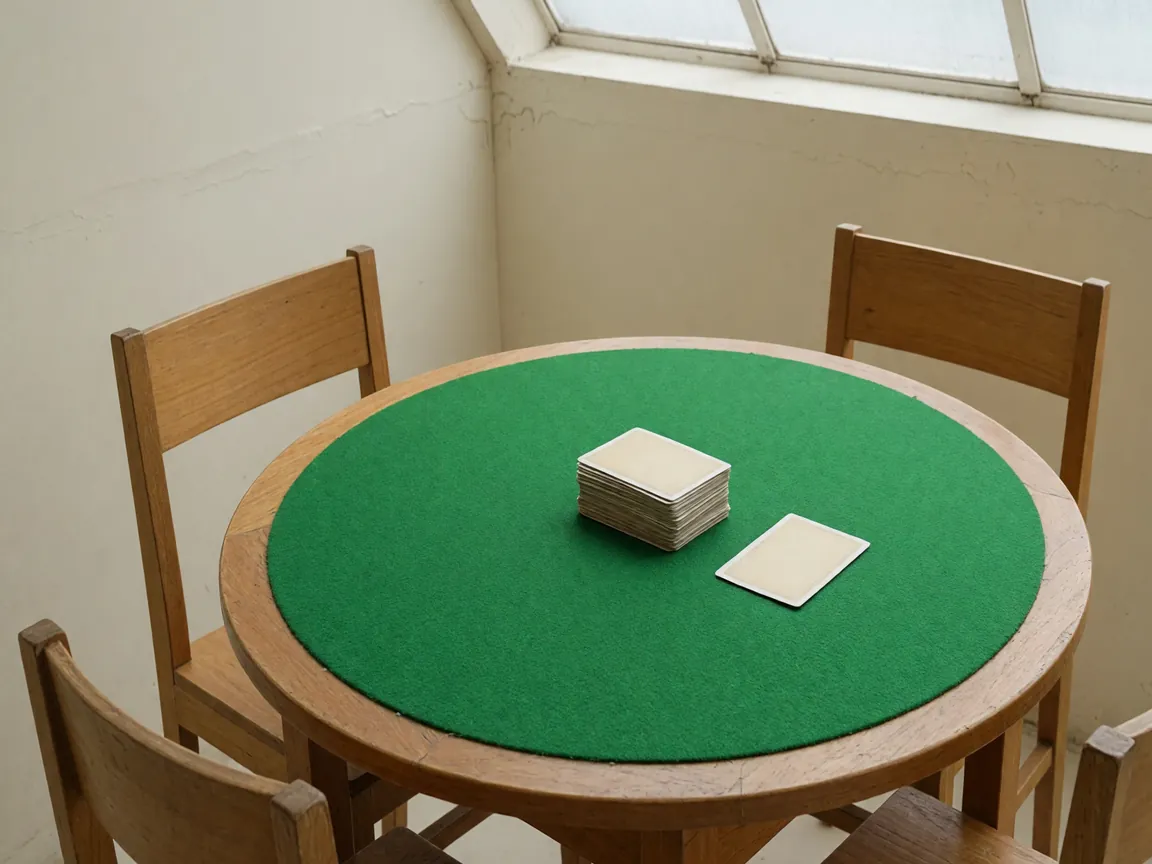 A round wooden table with a circular face-down pool of cards