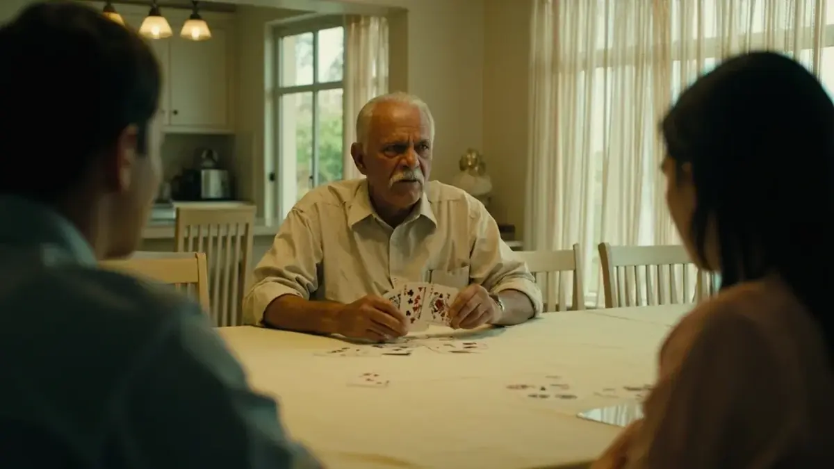 An older man dealing cards clockwise to two younger adults at a cream table