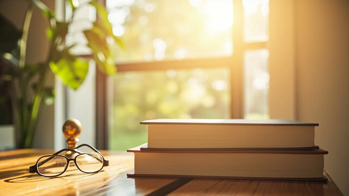 Closed hardcover books, spectacles and a brass paperweight on a dark wood table
