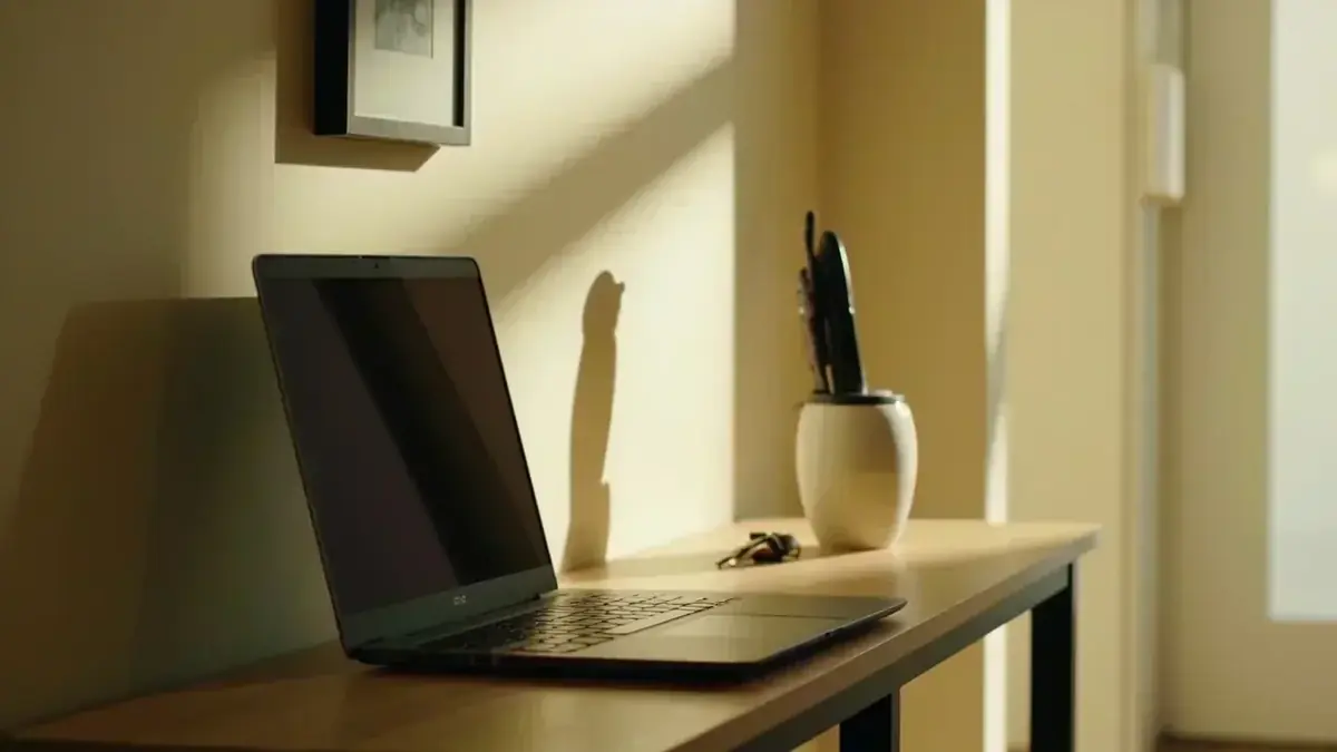 A hallway console with a closed laptop, a metal key and a phone in a ceramic stand