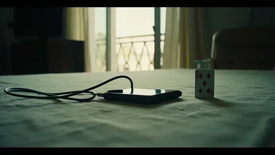 A coiled charging cable and a dark phone on a linen runner