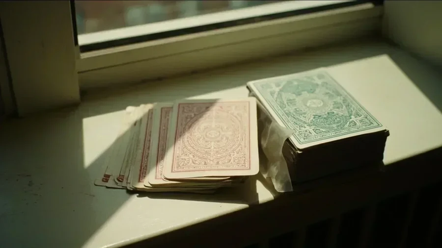A new deck beside a worn deck on a sunlit windowsill