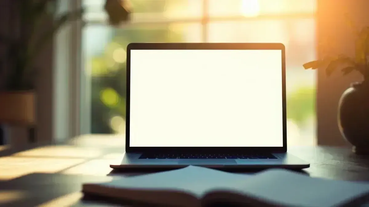 A laptop seen from behind so the screen is only a bright unreadable rectangle