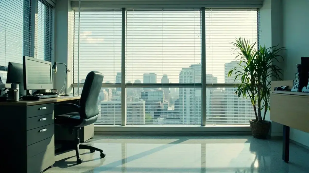 An unoccupied daylight office with an empty chair and city blinds