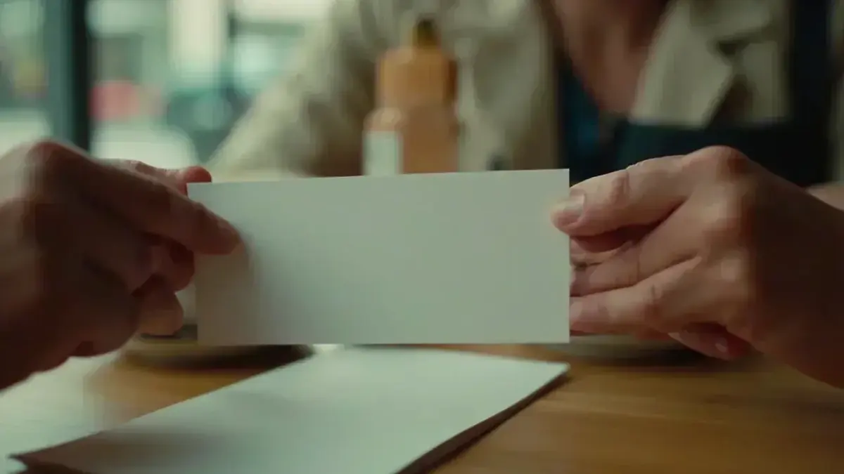 Two tea cups and a folded blank card slid across a cafe table