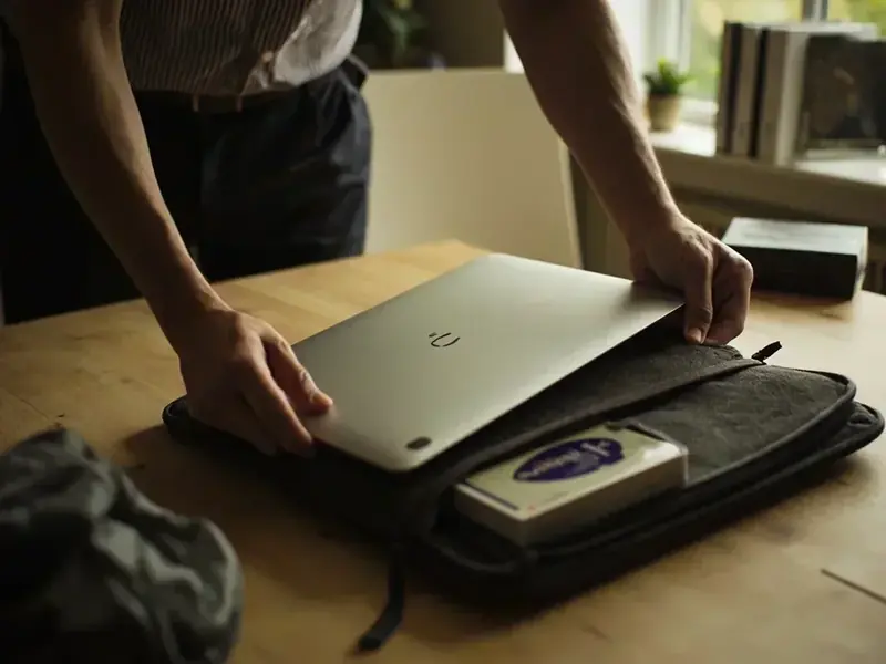 Two hands sliding a laptop into a sleeve with a boxed deck at the far edge