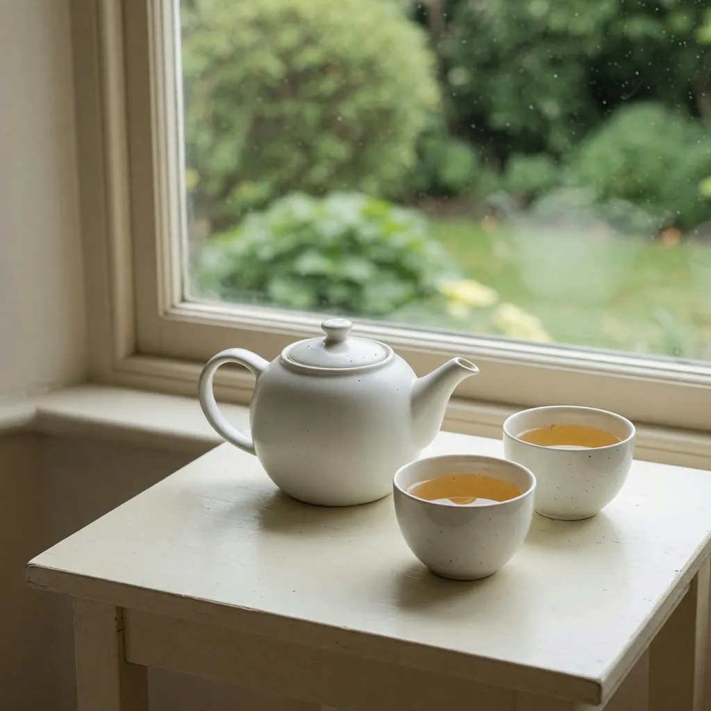 A ceramic tea set on a painted wood side table with no cards in frame