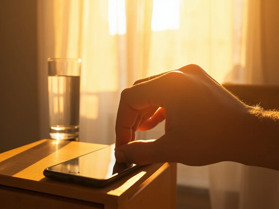 A hand covering a dark phone on a wooden nightstand at dusk