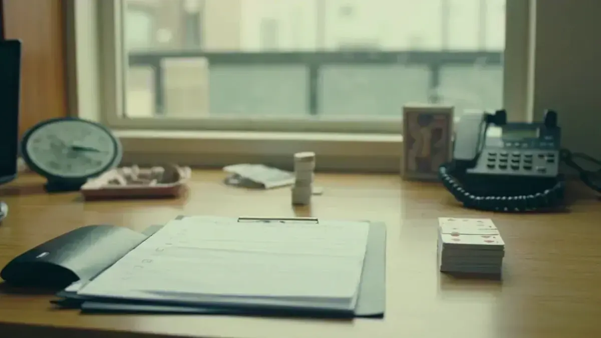 A reviewer desk with a face-down checklist, dark phone and analog timer