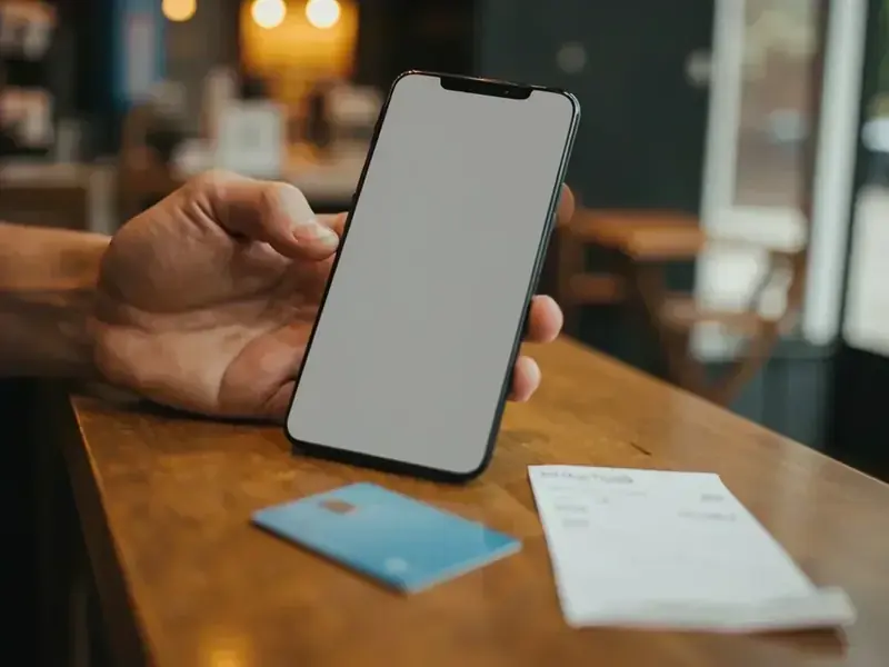 A hand holding a phone with a blurred screen above a wooden counter