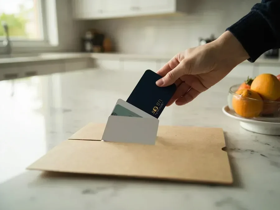 A hand placing a closed cardholder into a kraft folder