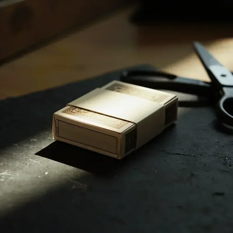A sealed playing-card box with an unbroken paper band on slate