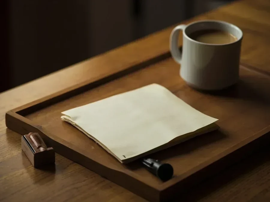 A closed passbook-style booklet on a wooden tray with unused stamp and chai