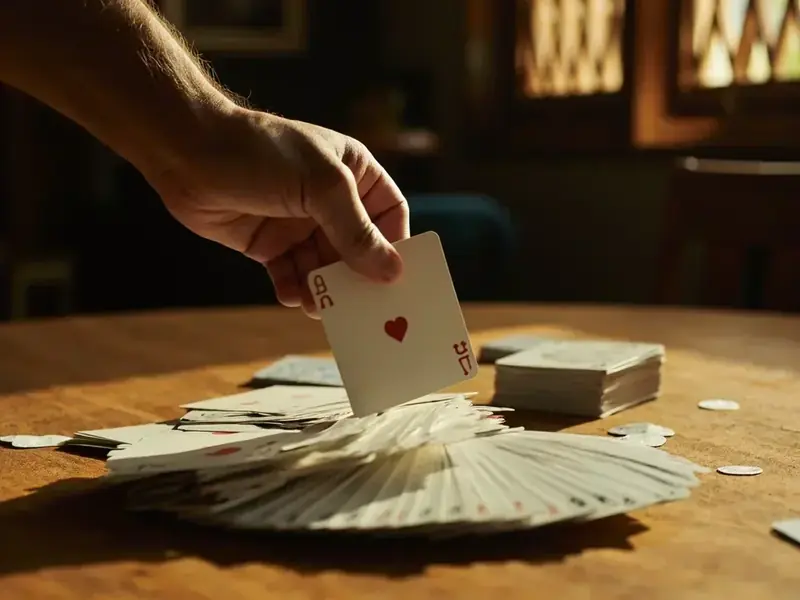 A hand hovering over a messy 13-card fan as if deciding to drop