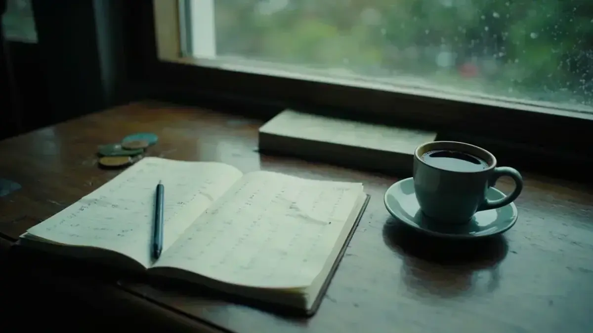 Closed notebook, pencil, half-sorted rummy hand and tea beside a rainy window