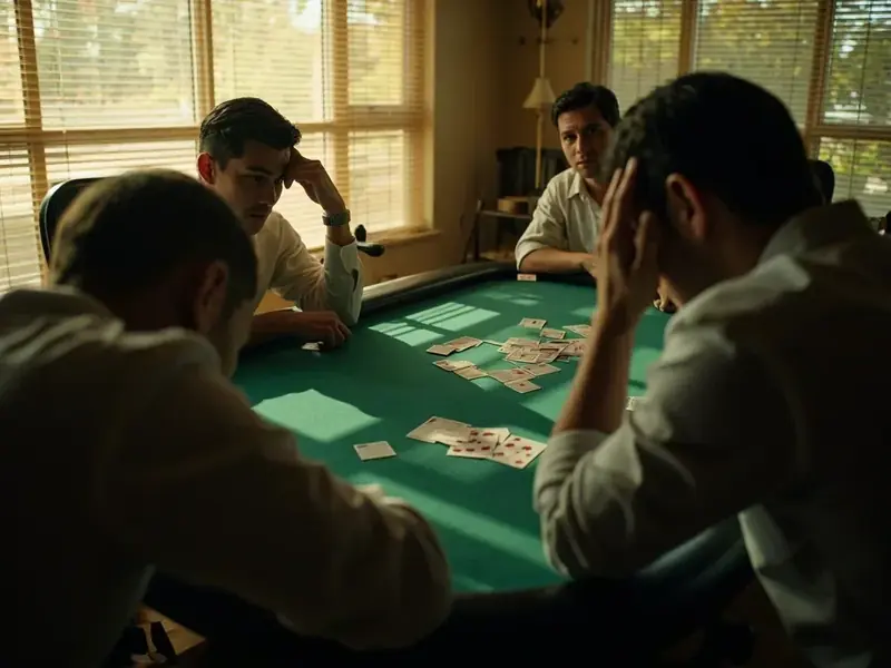 An over-the-shoulder view of two opponents at a rummy table