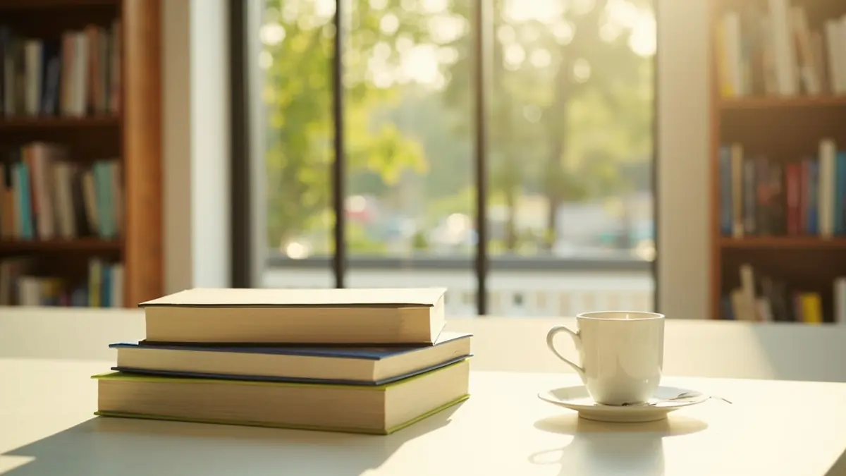 Closed books and a brass paperweight on a dark table