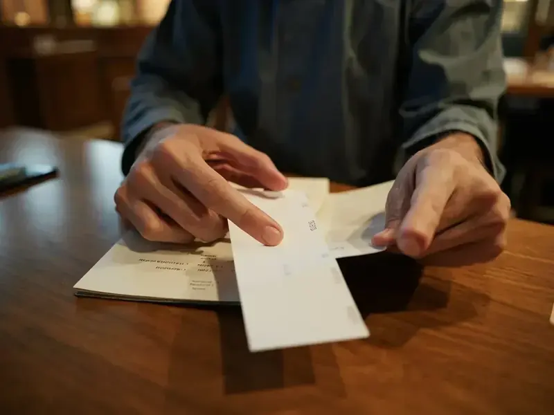 An adult comparing a closed passbook with a blank folded receipt